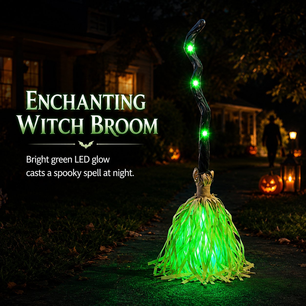 Green LED glowing animated Halloween witch broom