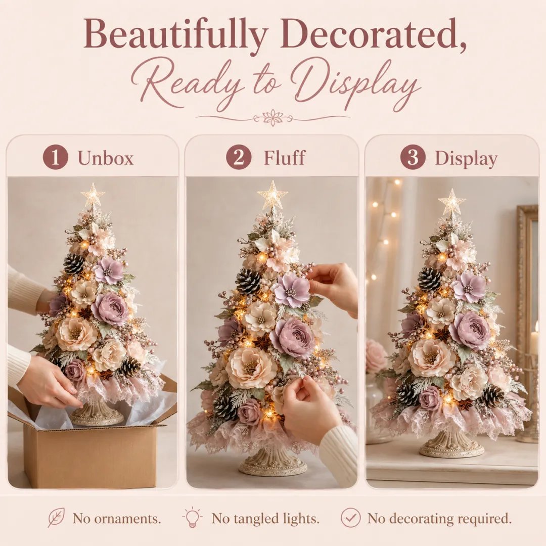 Blush Bloom floral Christmas tree unbox fluff and display steps