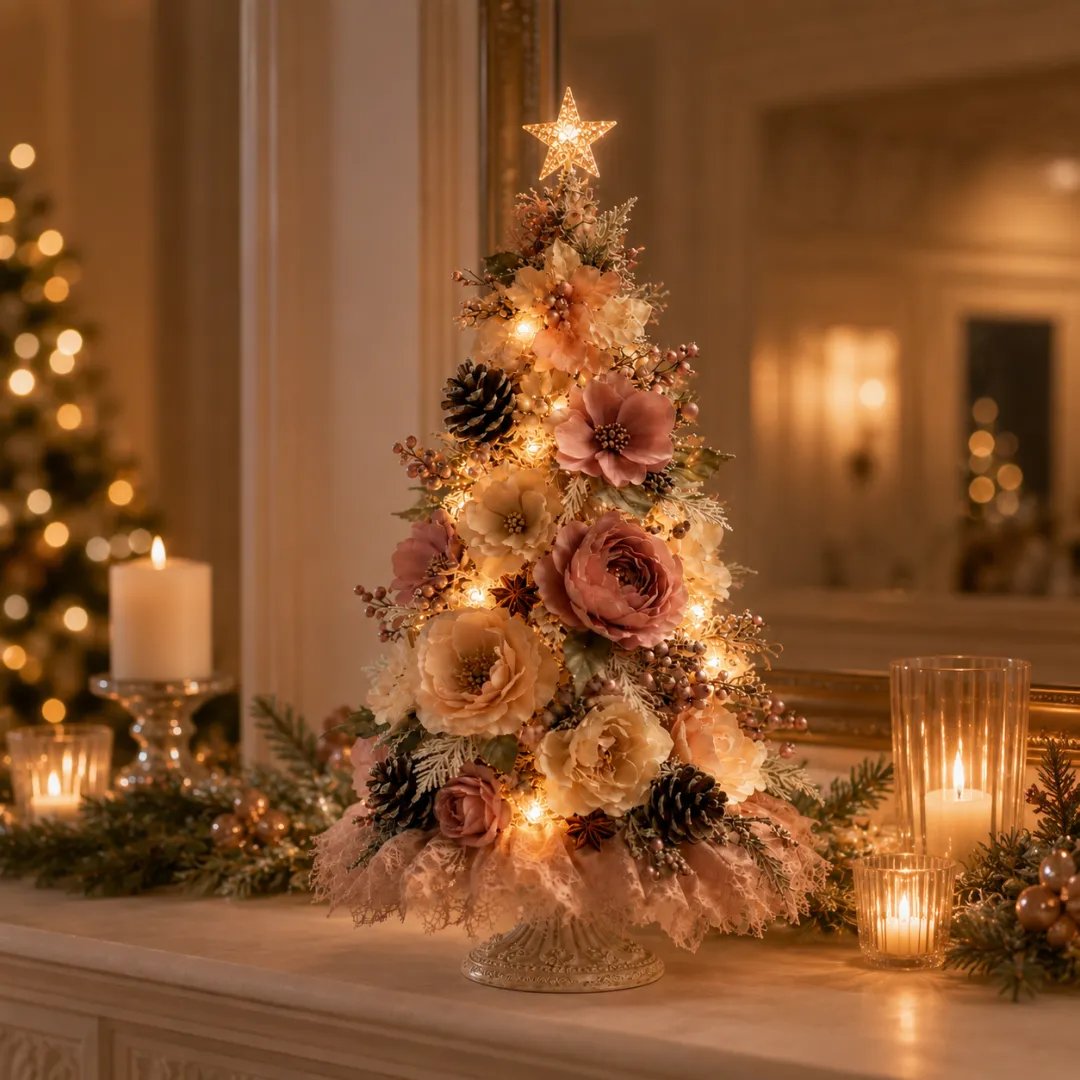 🌸🌲Blush Bloom Pre-Lit Floral Christmas Tree