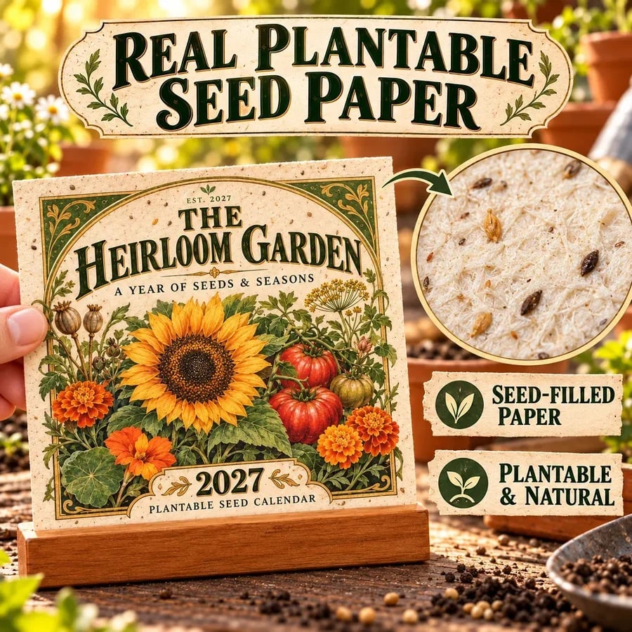 Close view of plantable seed paper used in the Heirloom Garden calendar