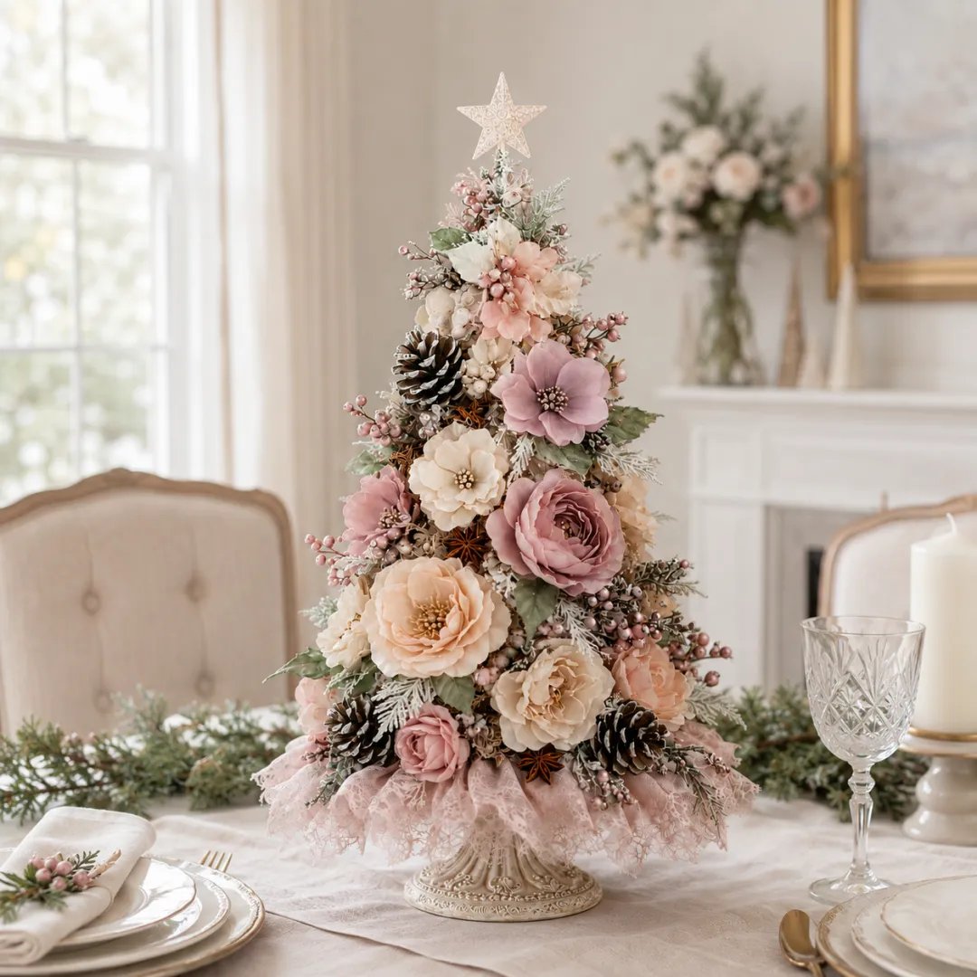 Blush Bloom floral Christmas tree on a bright elegant dining table