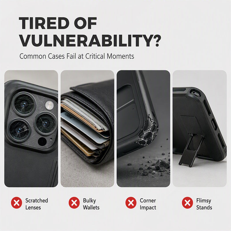 Common phone case problems including scratched lens bulky wallet corner impact and flimsy stand