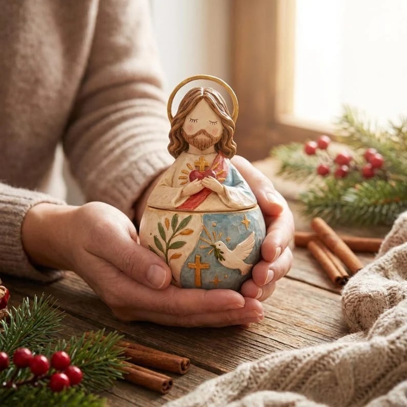 ✨ Divine Grace Keepsake Box –  Handcrafted Sacred Heart Jesus & Blessed Mary Faith Gift