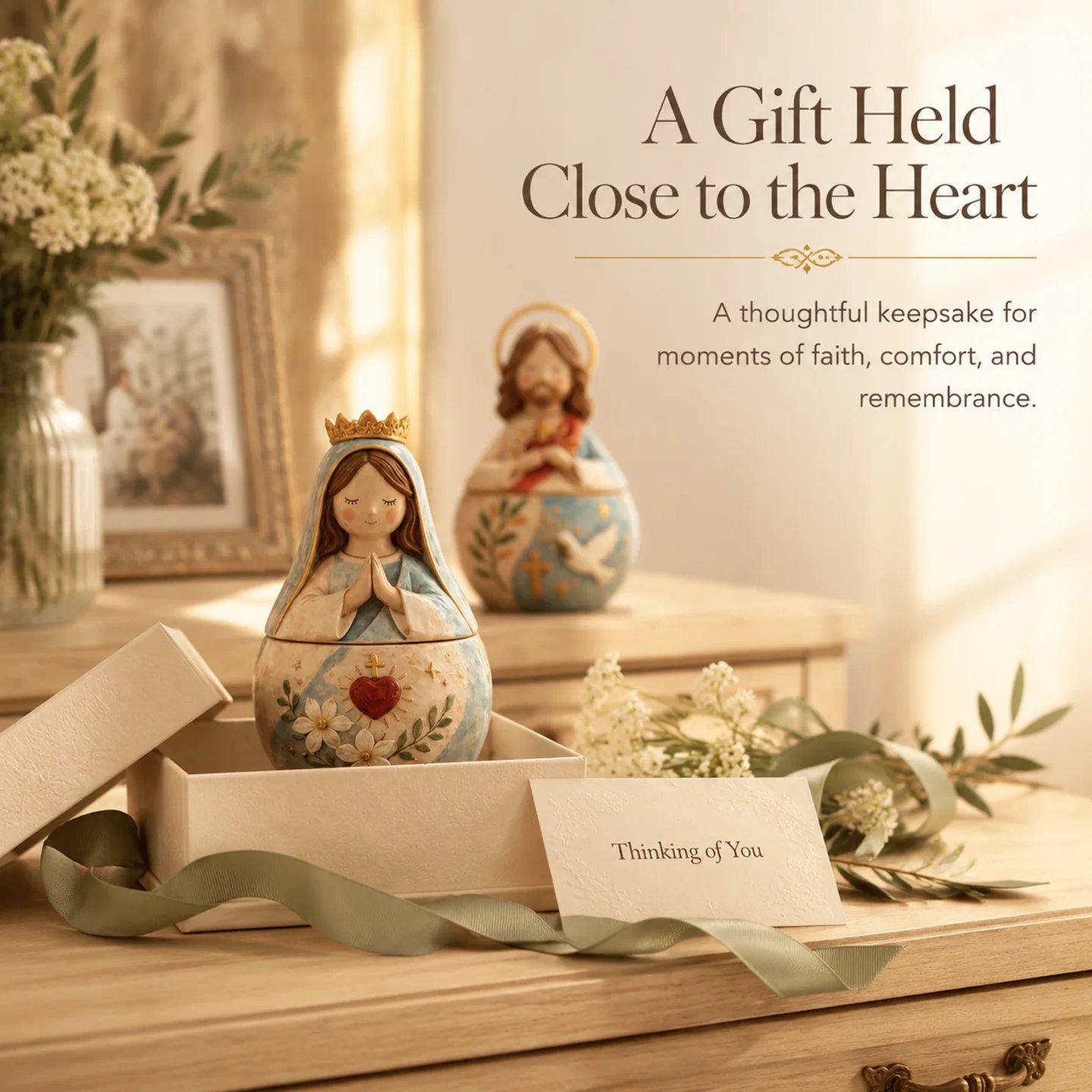 ✨ Divine Grace Keepsake Box –  Handcrafted Sacred Heart Jesus & Blessed Mary Faith Gift