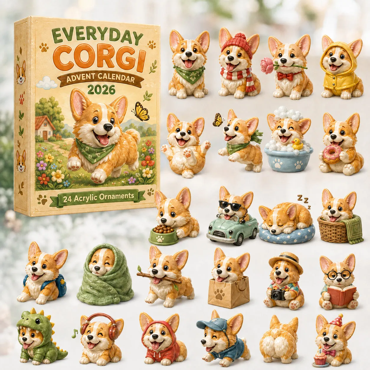 🐶🦴Everyday Corgi Advent Calendar 2026 - 24-Day Festive Countdown, Acrylic Charms Blind Box - Gift For Corgi Lovers