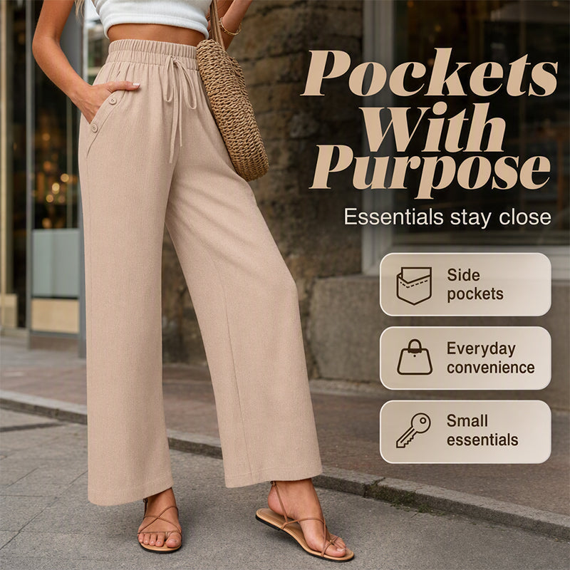 ✨🛍️ Nieuwe collectie – Casual broek met wijde pijpen, functionele zakken & sneldrogende stof – Makkelijk te combineren, van koffie tot resortwandeling 🌬️