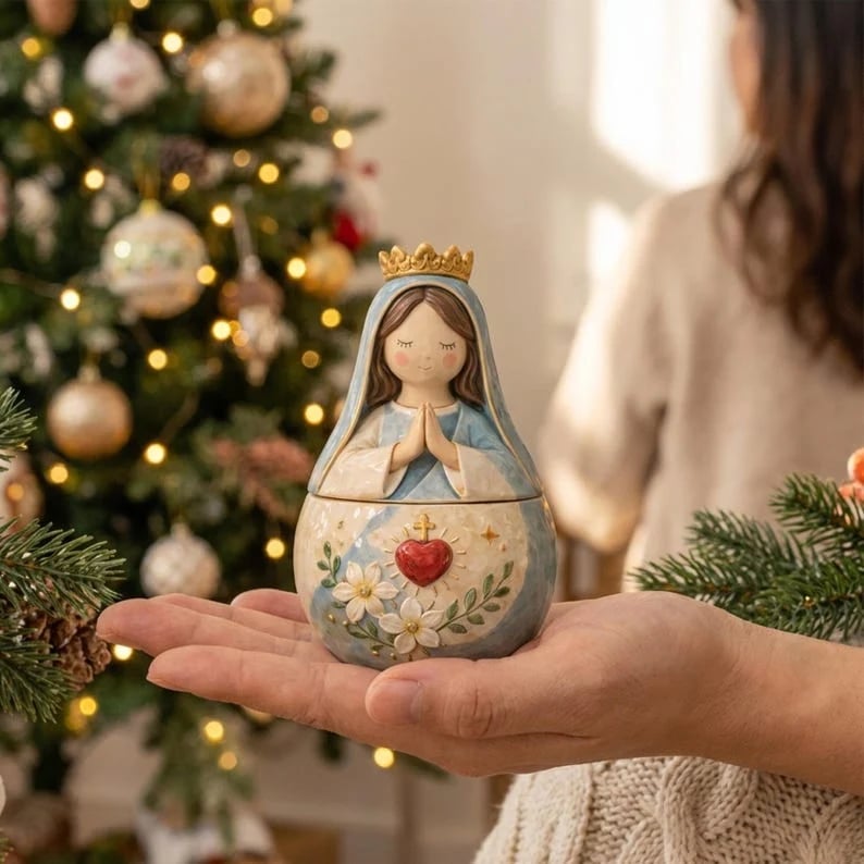 ✨ Divine Grace Keepsake Box –  Handcrafted Sacred Heart Jesus & Blessed Mary Faith Gift
