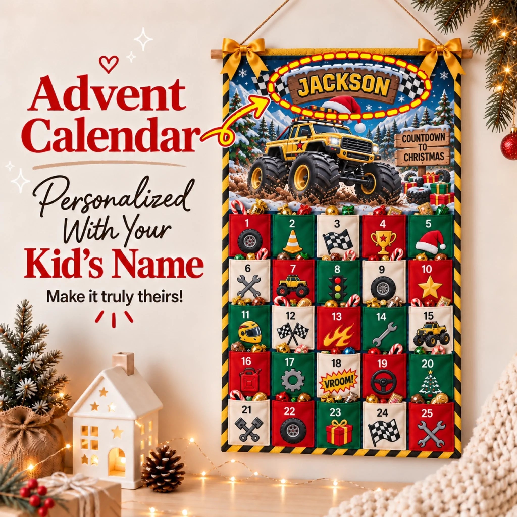 Yellow Monster Truck Toy - Personalized Fabric Advent Calendar - Christmas Gift For Kids, Family Members