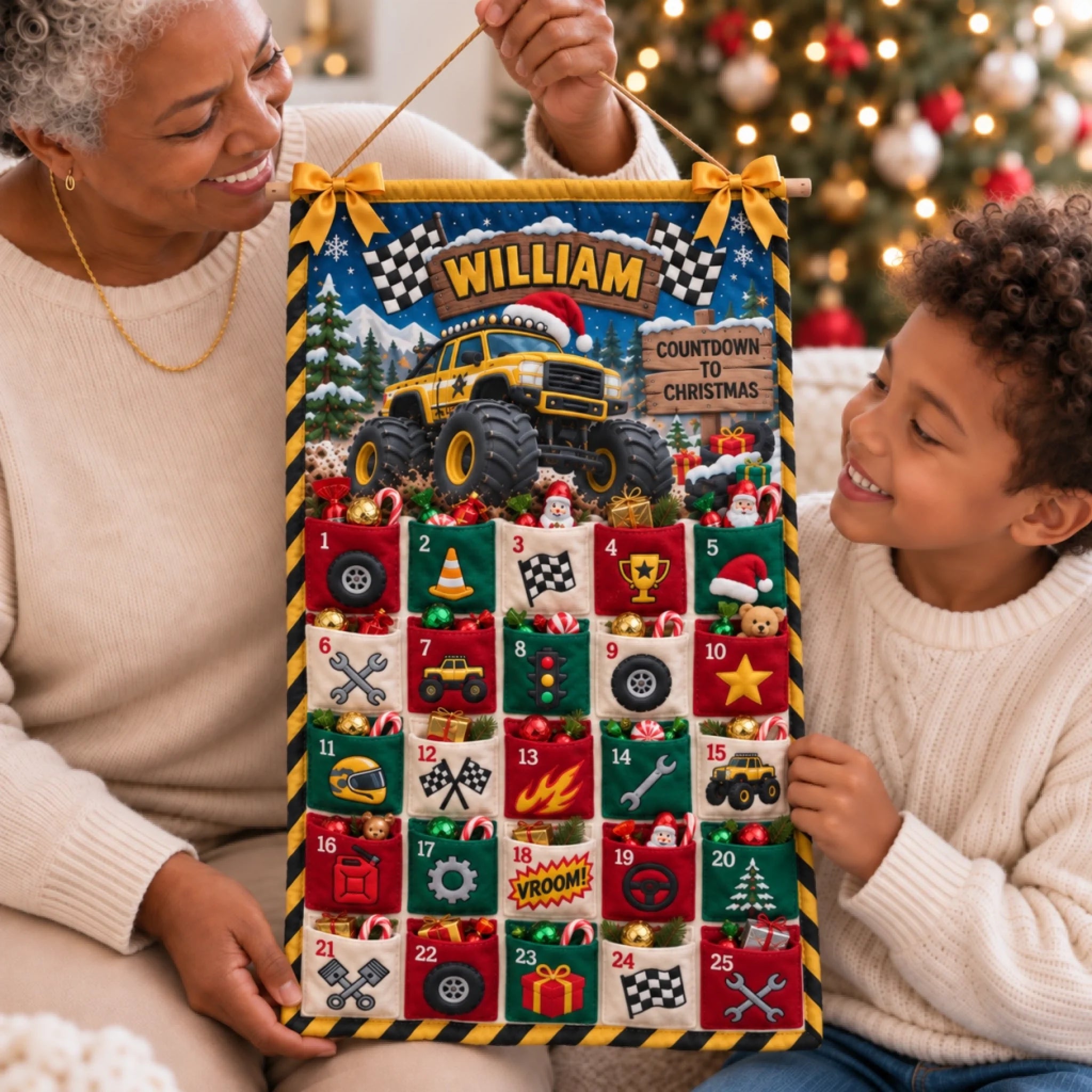 Yellow Monster Truck Toy - Personalized Fabric Advent Calendar - Christmas Gift For Kids, Family Members