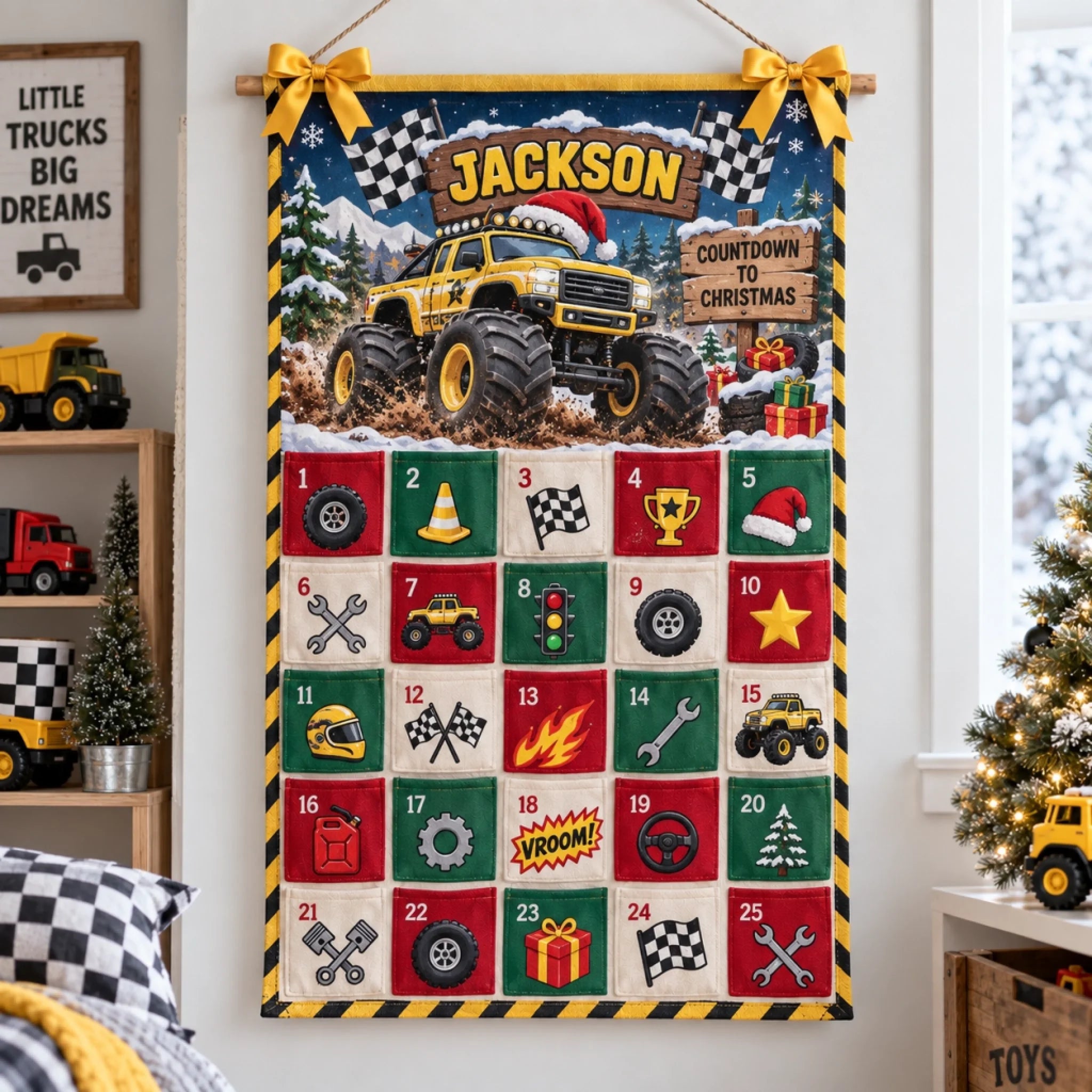 Yellow Monster Truck Toy - Personalized Fabric Advent Calendar - Christmas Gift For Kids, Family Members