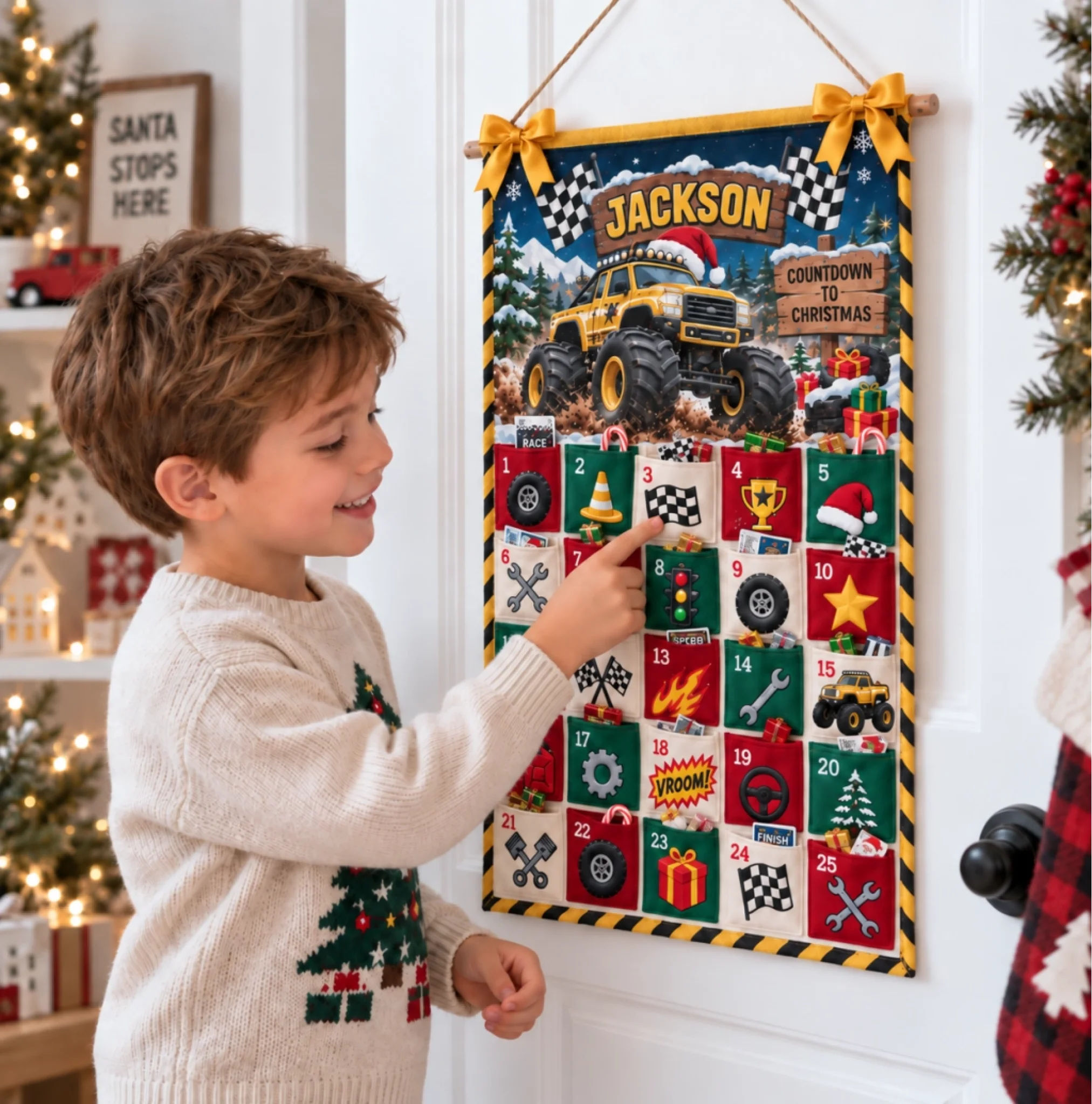 Yellow Monster Truck Toy - Personalized Fabric Advent Calendar - Christmas Gift For Kids, Family Members