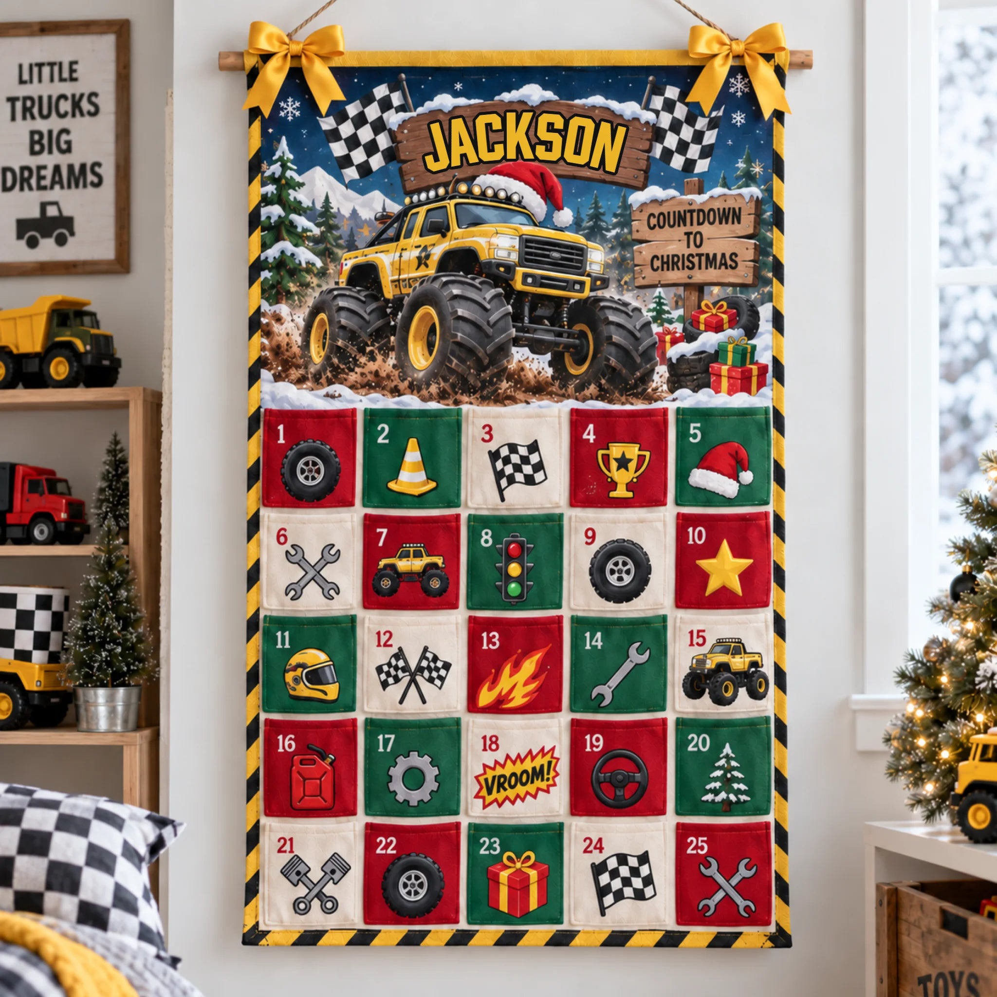 Yellow Monster Truck Toy - Personalized Fabric Advent Calendar - Christmas Gift For Kids, Family Members