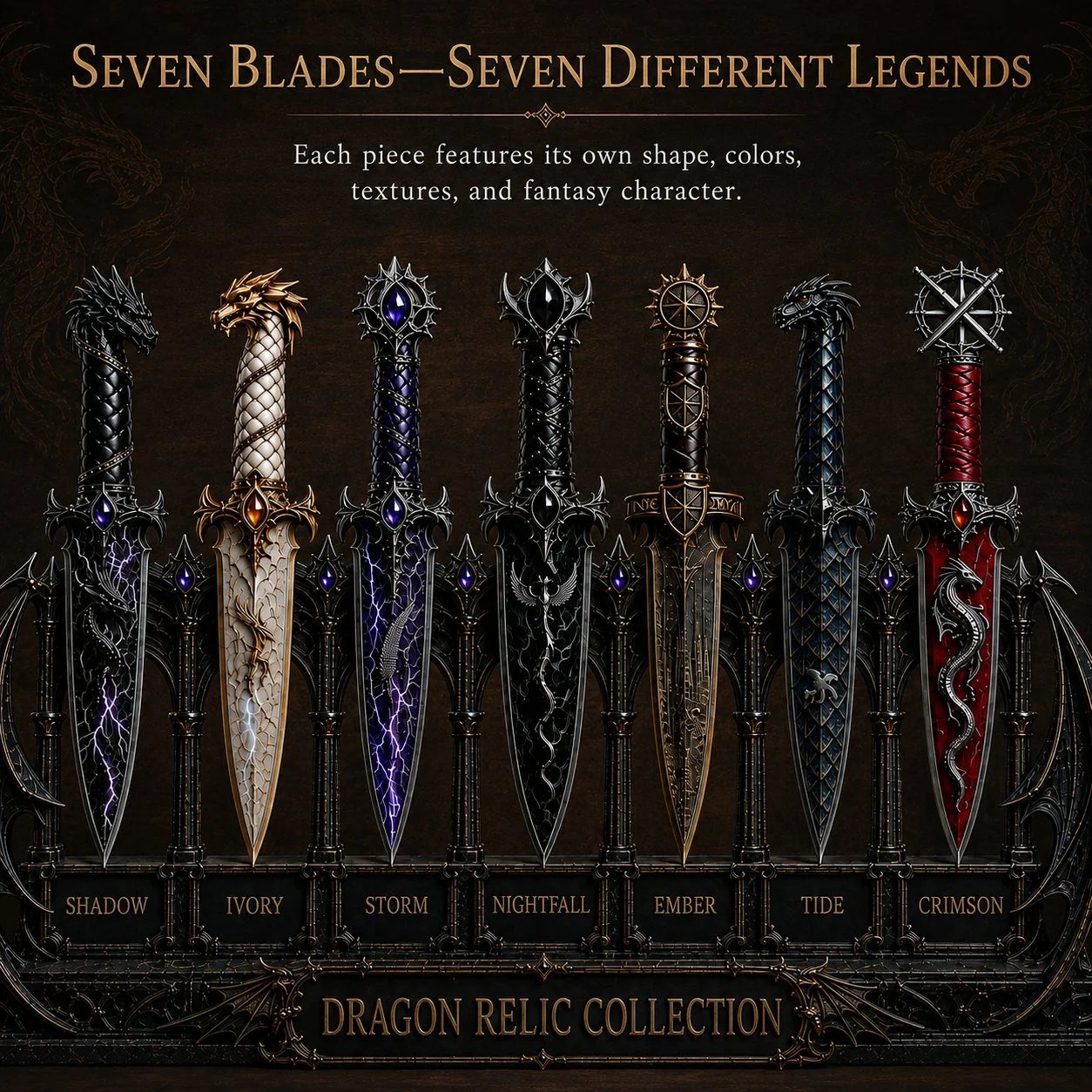 Dragon Relic Collection – 7-Piece Fantasy Dagger Display Set