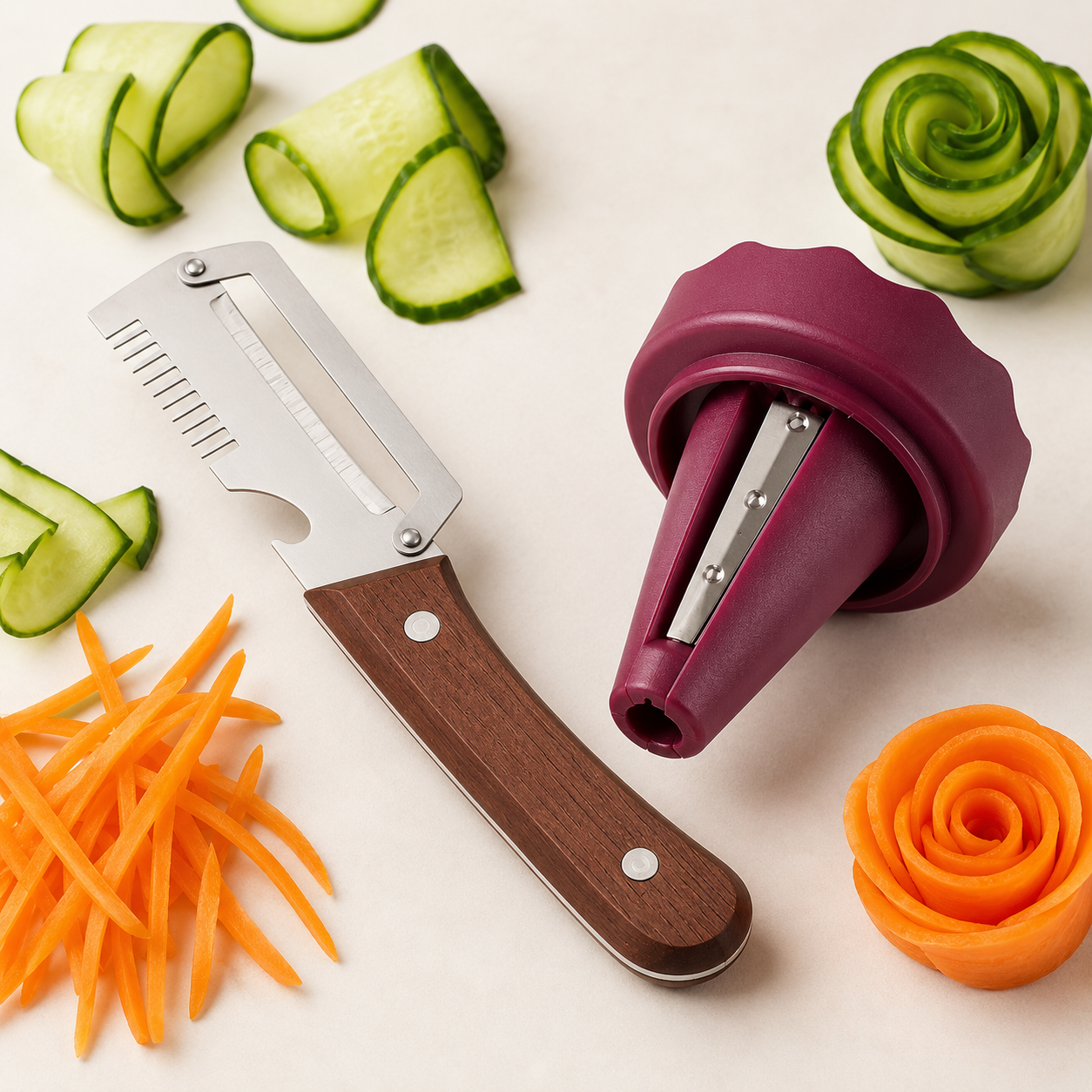 4-in-1 Vegetable Prep & Garnish Set – 2-Piece Stainless Steel Peeler, Julienne Slicer, Bottle Opener & Spiral Flower Curler