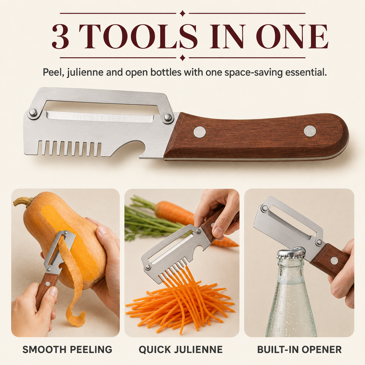 4-in-1 Vegetable Prep & Garnish Set – 2-Piece Stainless Steel Peeler, Julienne Slicer, Bottle Opener & Spiral Flower Curler