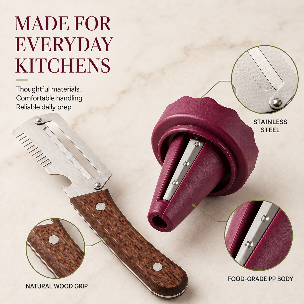 4-in-1 Vegetable Prep & Garnish Set – 2-Piece Stainless Steel Peeler, Julienne Slicer, Bottle Opener & Spiral Flower Curler