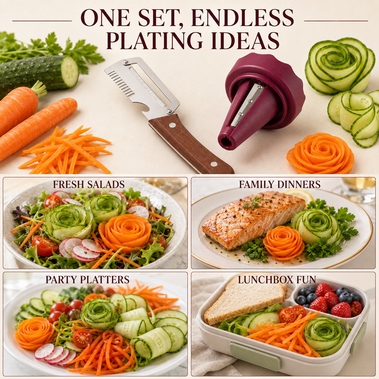 4-in-1 Vegetable Prep & Garnish Set – 2-Piece Stainless Steel Peeler, Julienne Slicer, Bottle Opener & Spiral Flower Curler