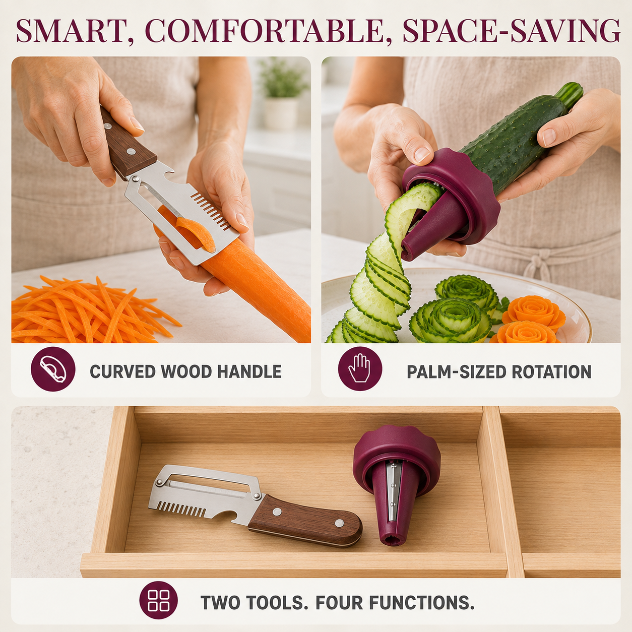 4-in-1 Vegetable Prep & Garnish Set – 2-Piece Stainless Steel Peeler, Julienne Slicer, Bottle Opener & Spiral Flower Curler