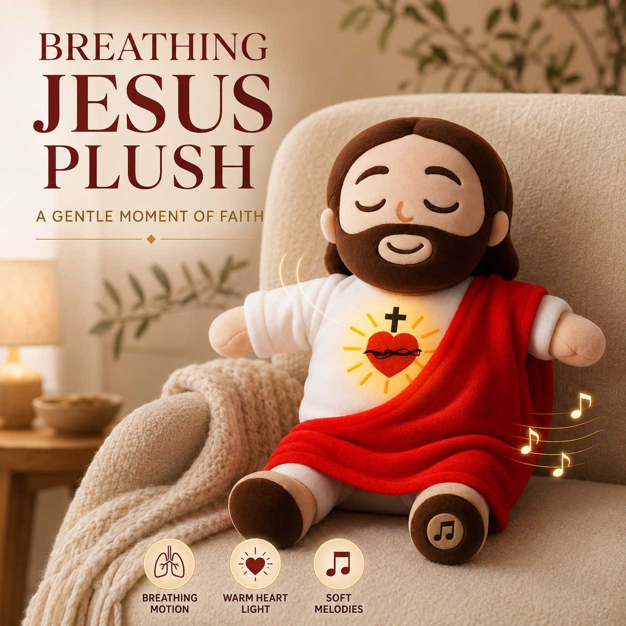 🕊️ Breathing Jesus Plush – Soft Chest Rises & Falls, Warm Heart Light, Gentle Melodies, Comforting Companion for All Ages ✨