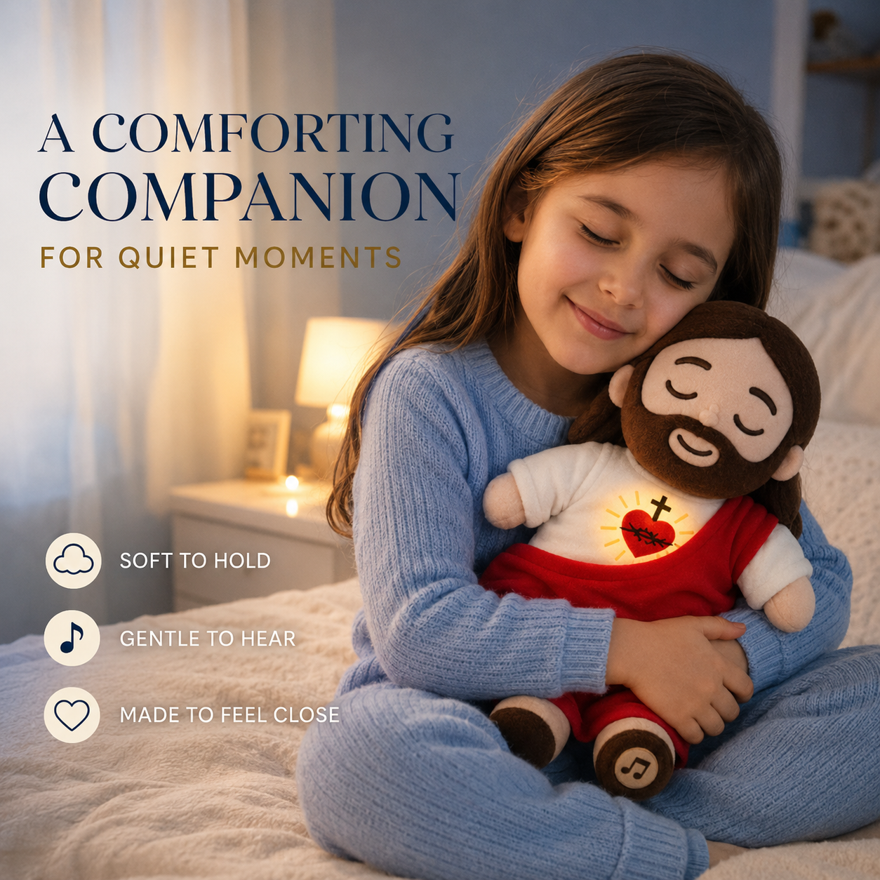🕊️ Breathing Jesus Plush – Soft Chest Rises & Falls, Warm Heart Light, Gentle Melodies, Comforting Companion for All Ages ✨