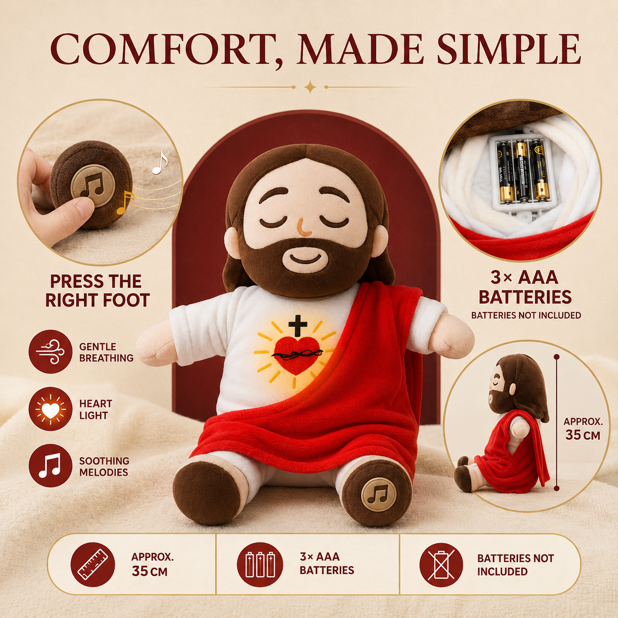 🕊️ Breathing Jesus Plush – Soft Chest Rises & Falls, Warm Heart Light, Gentle Melodies, Comforting Companion for All Ages ✨