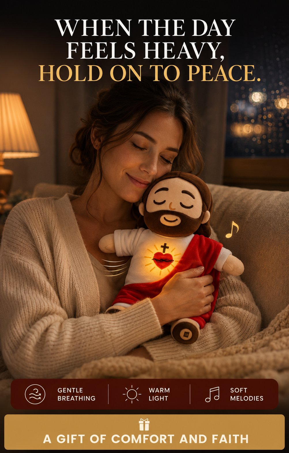 🕊️ Breathing Jesus Plush – Soft Chest Rises & Falls, Warm Heart Light, Gentle Melodies, Comforting Companion for All Ages ✨