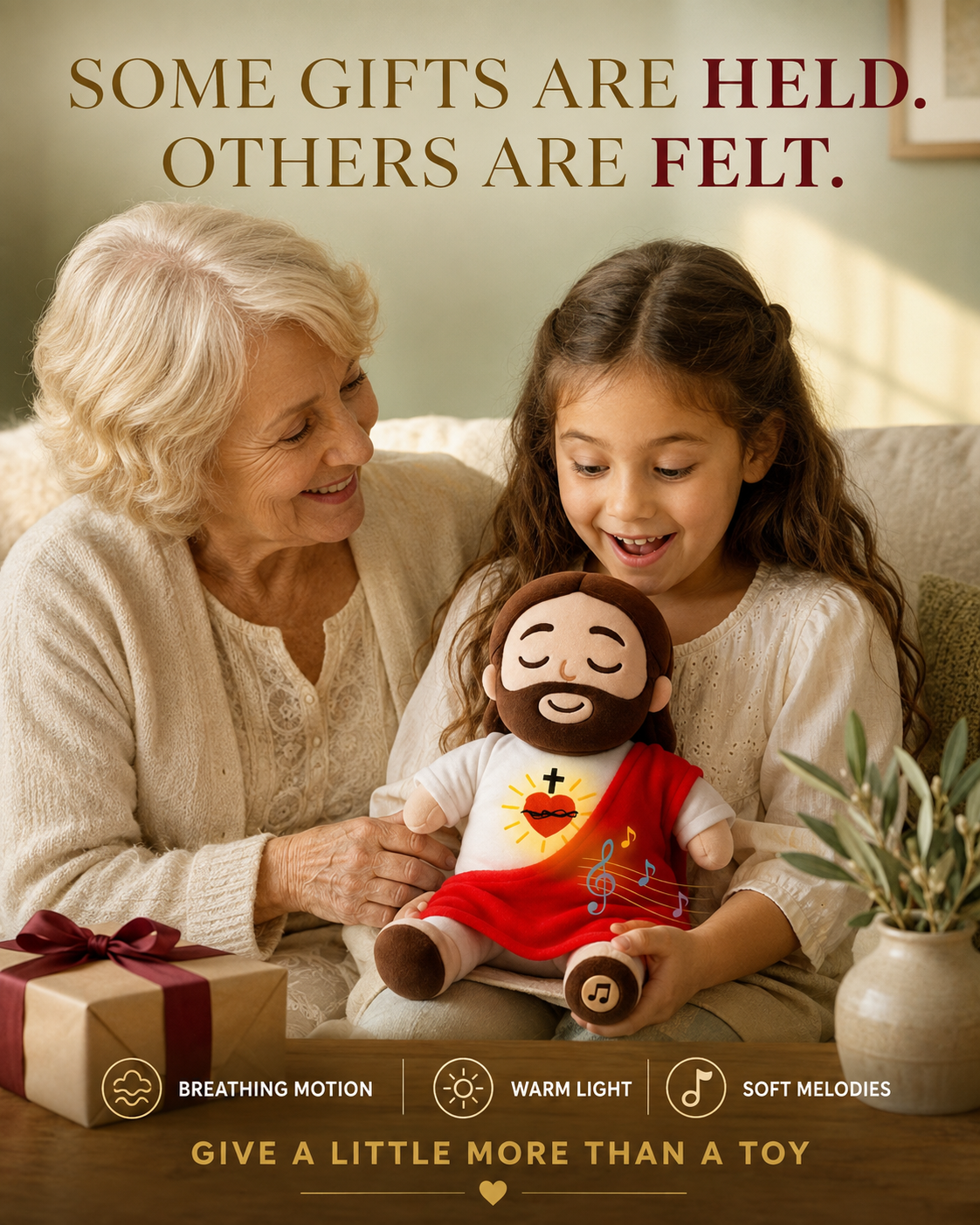 🕊️ Breathing Jesus Plush – Soft Chest Rises & Falls, Warm Heart Light, Gentle Melodies, Comforting Companion for All Ages ✨