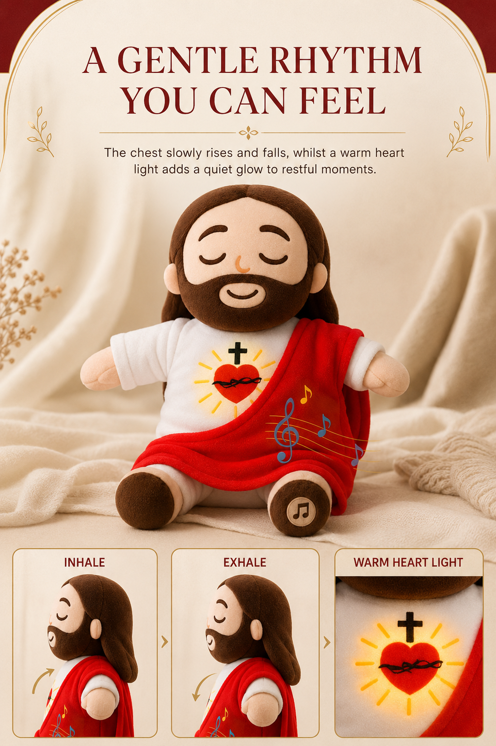 🕊️ Breathing Jesus Plush – Soft Chest Rises & Falls, Warm Heart Light, Gentle Melodies, Comforting Companion for All Ages ✨