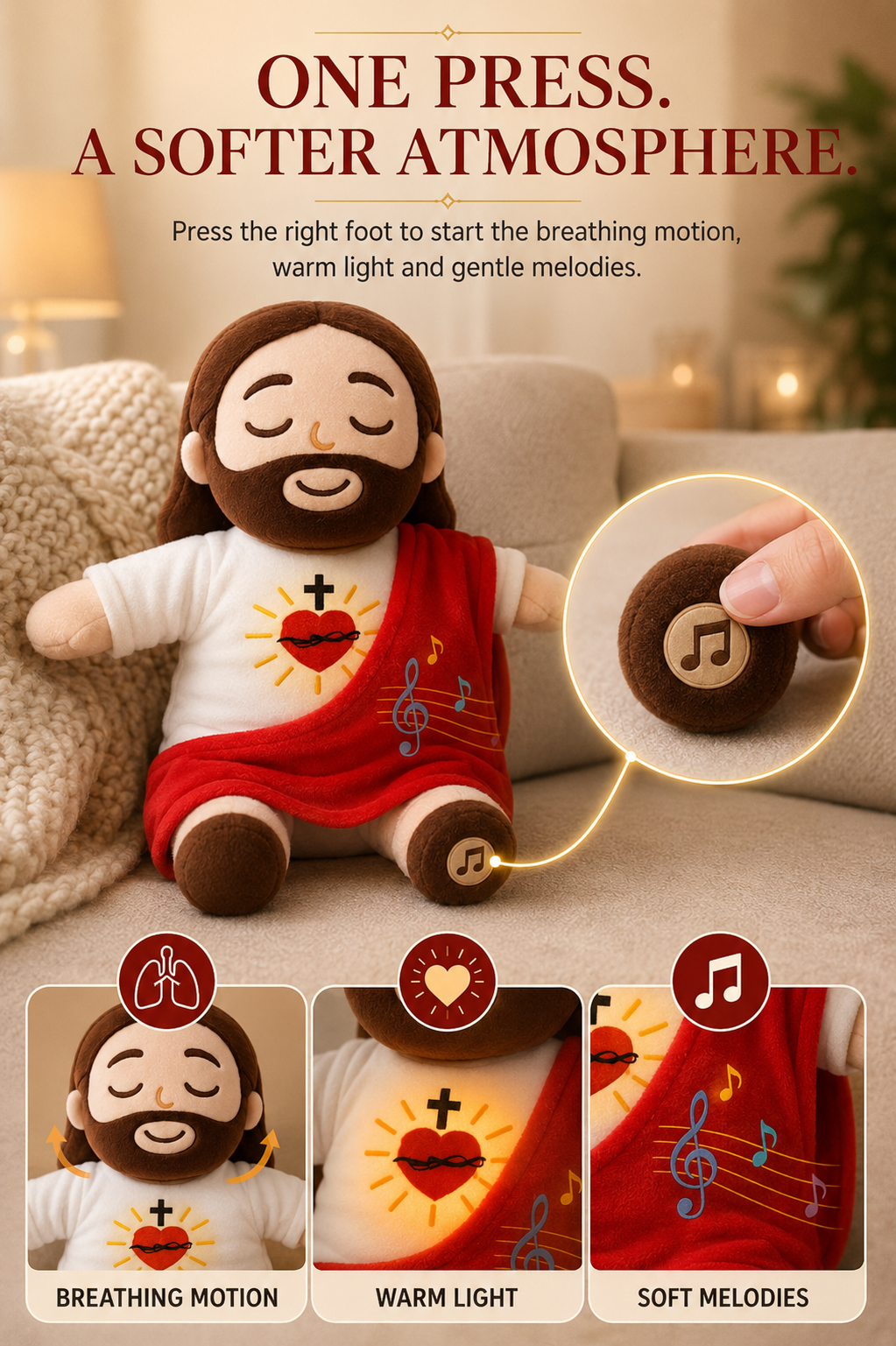 🕊️ Breathing Jesus Plush – Soft Chest Rises & Falls, Warm Heart Light, Gentle Melodies, Comforting Companion for All Ages ✨