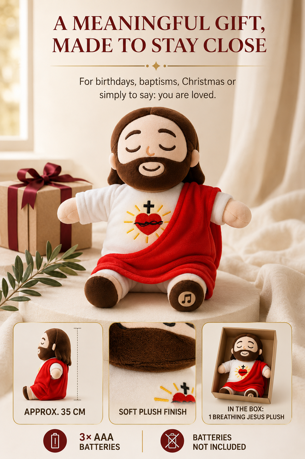 🕊️ Breathing Jesus Plush – Soft Chest Rises & Falls, Warm Heart Light, Gentle Melodies, Comforting Companion for All Ages ✨