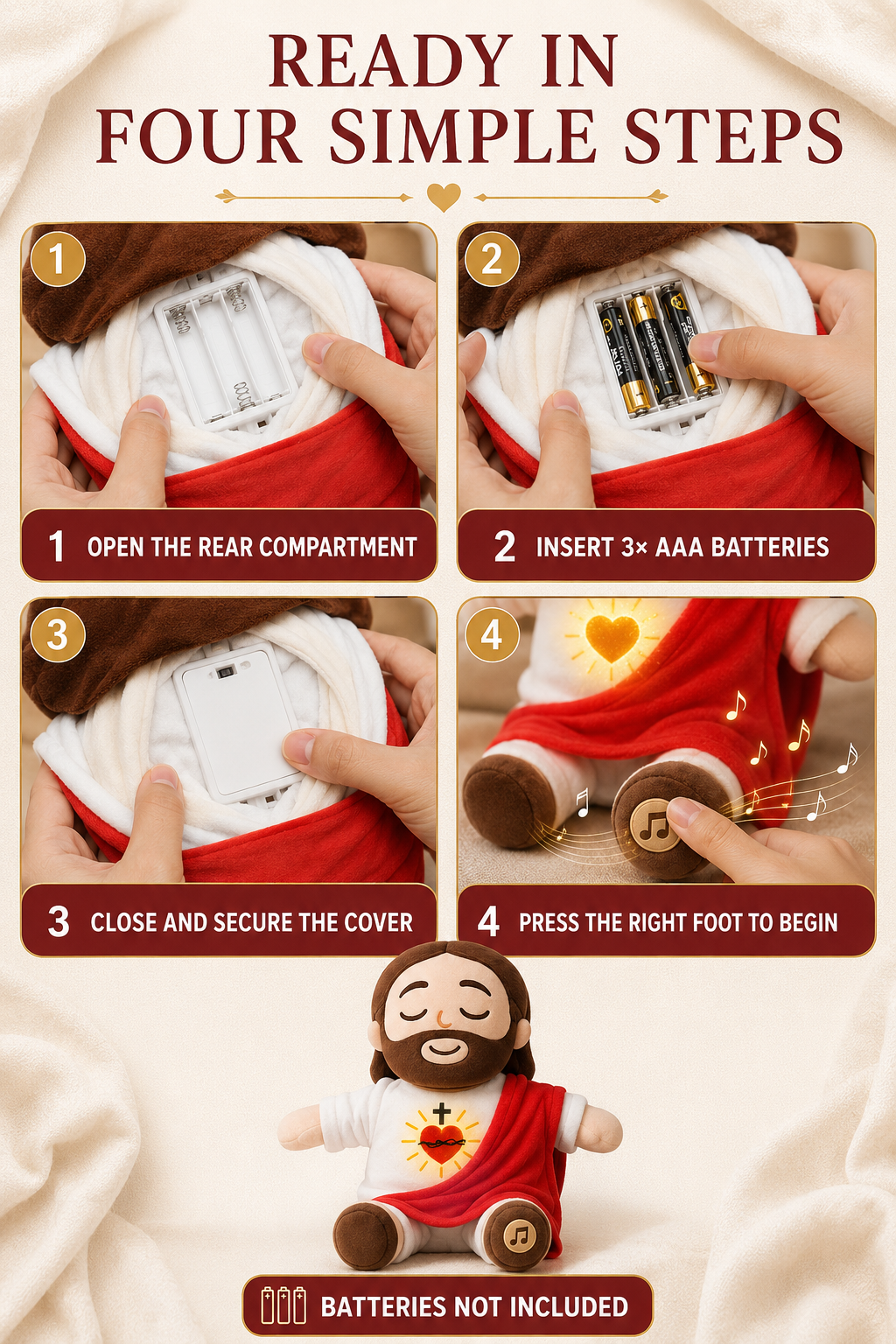🕊️ Breathing Jesus Plush – Soft Chest Rises & Falls, Warm Heart Light, Gentle Melodies, Comforting Companion for All Ages ✨