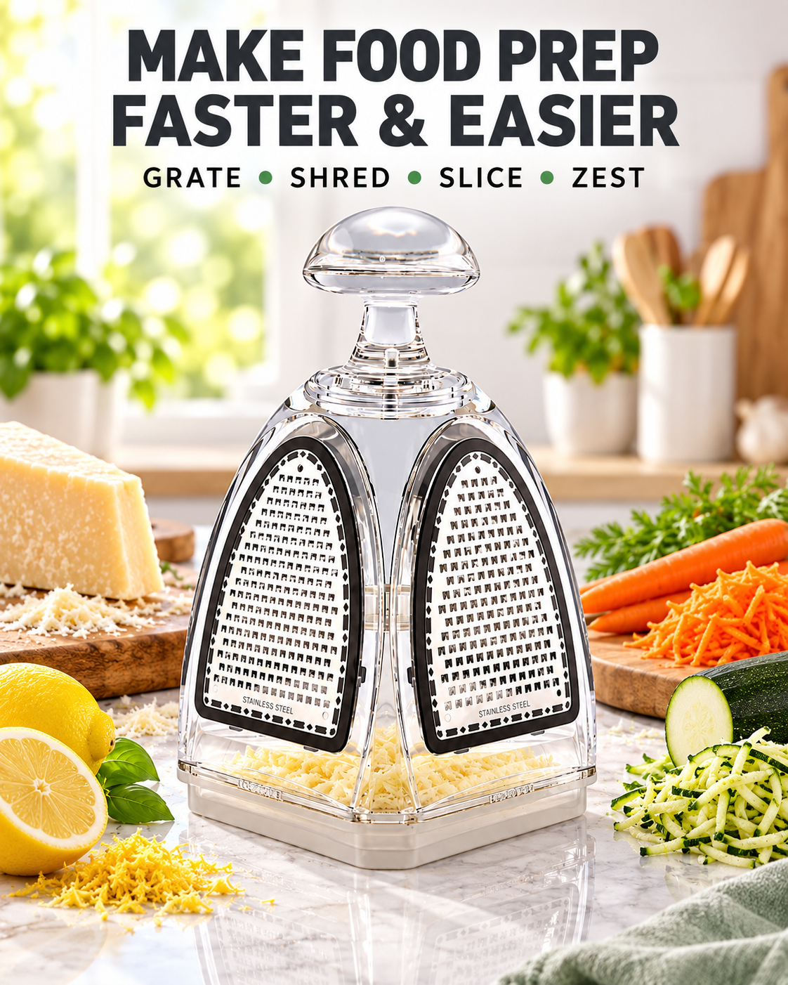 4-in-1 stainless steel kitchen grater for grating shredding slicing and zesting