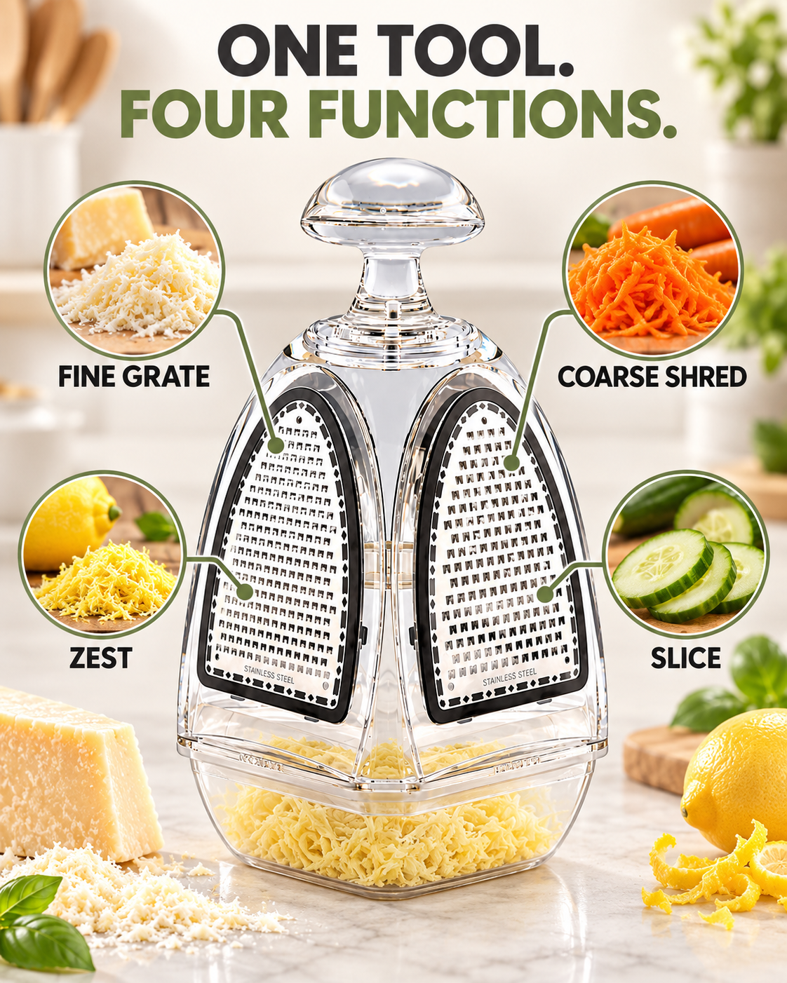 Four functions of the 4-in-1 stainless steel kitchen grater