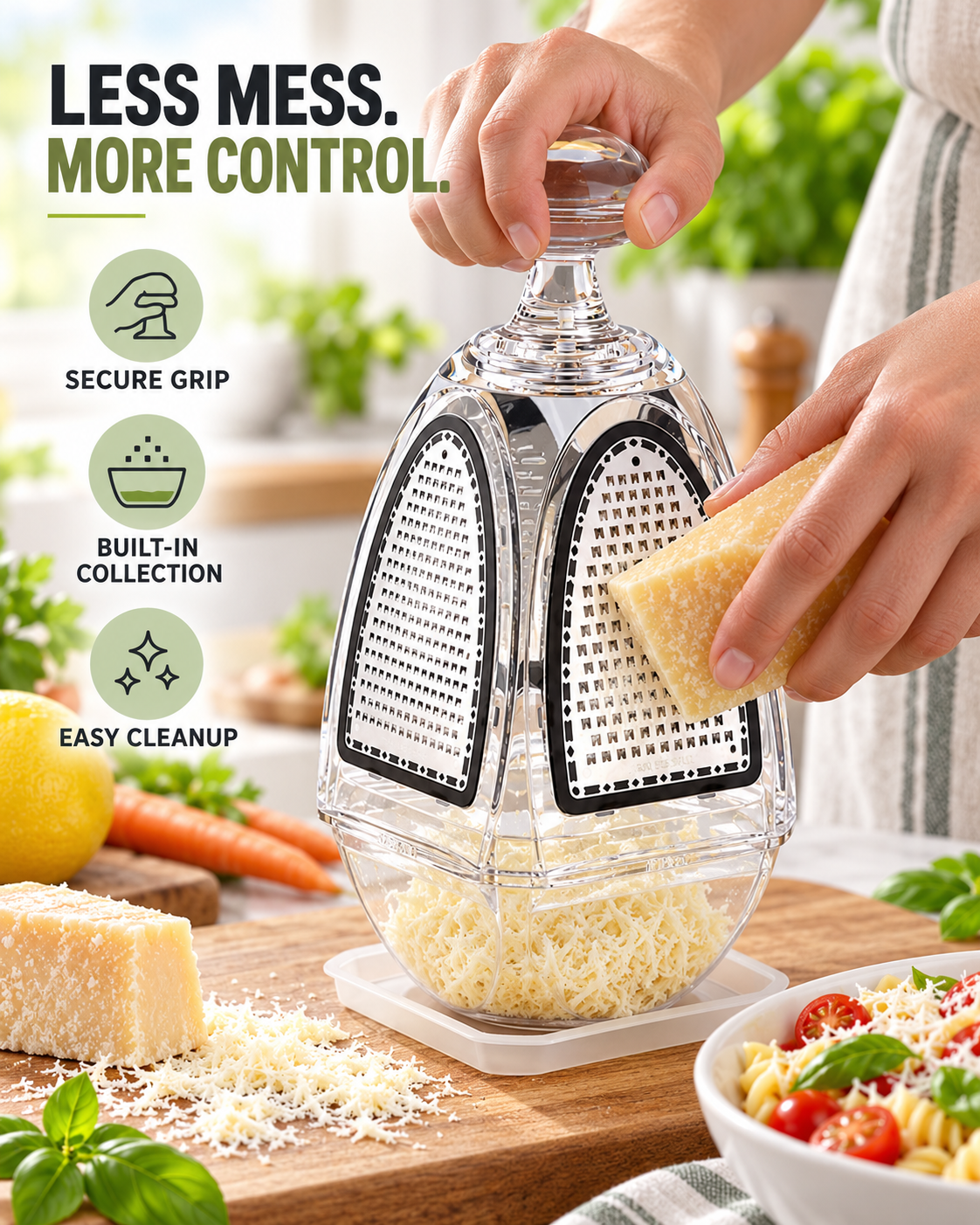 Secure grip and built-in collection chamber of the stainless steel kitchen grater