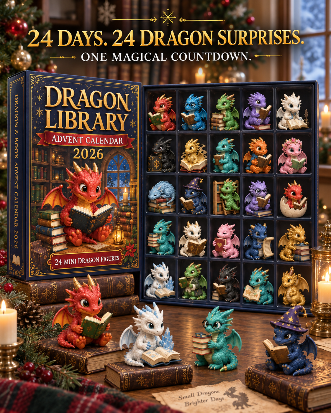 CHRISTMAS KICKOFF 40% OFF - Dragon Library Advent Calendar 2026 - 24-Day Festive Countdown, Acrylic Charms Blind Box - Gift For Dragon Lovers