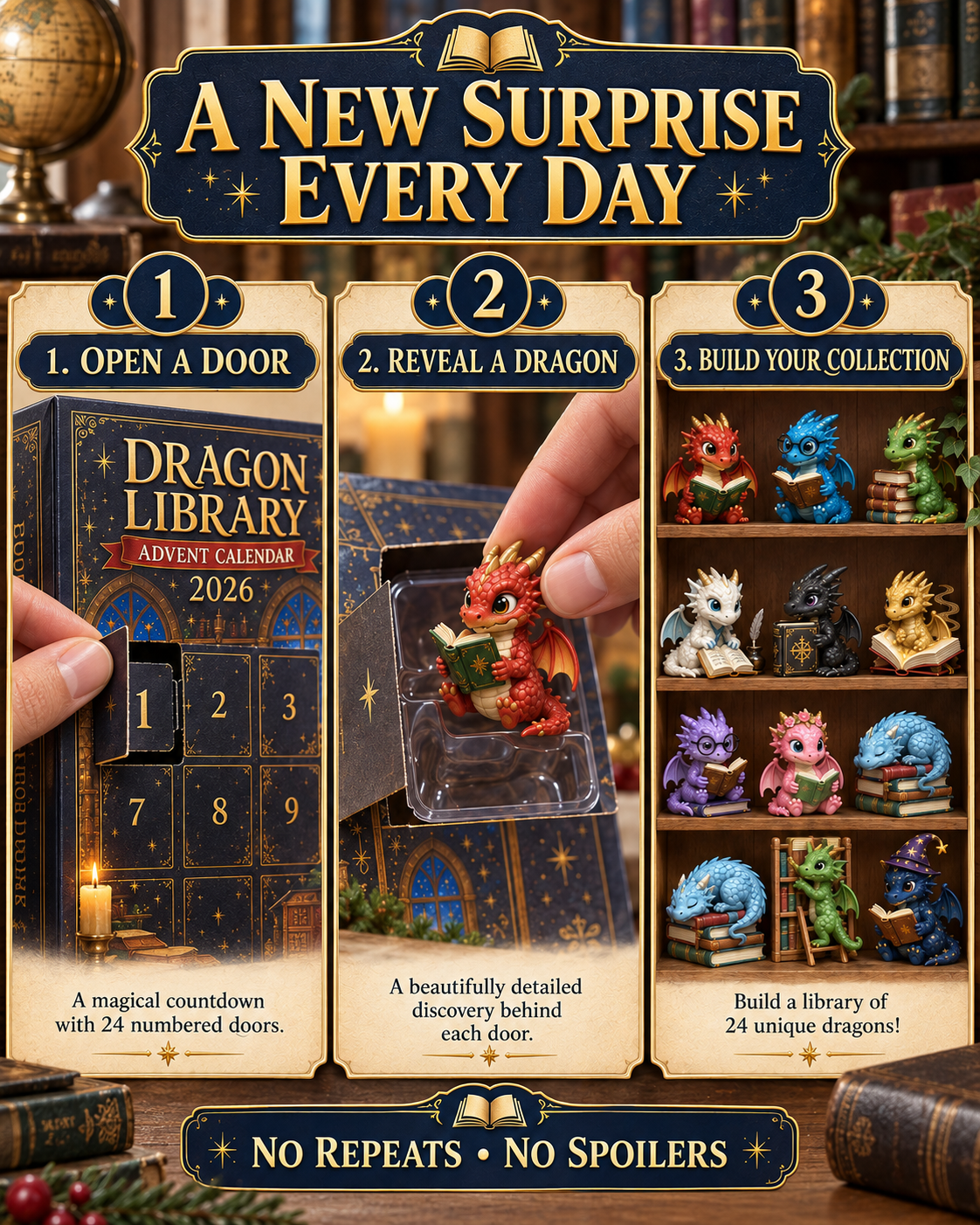 CHRISTMAS KICKOFF 40% OFF - Dragon Library Advent Calendar 2026 - 24-Day Festive Countdown, Acrylic Charms Blind Box - Gift For Dragon Lovers
