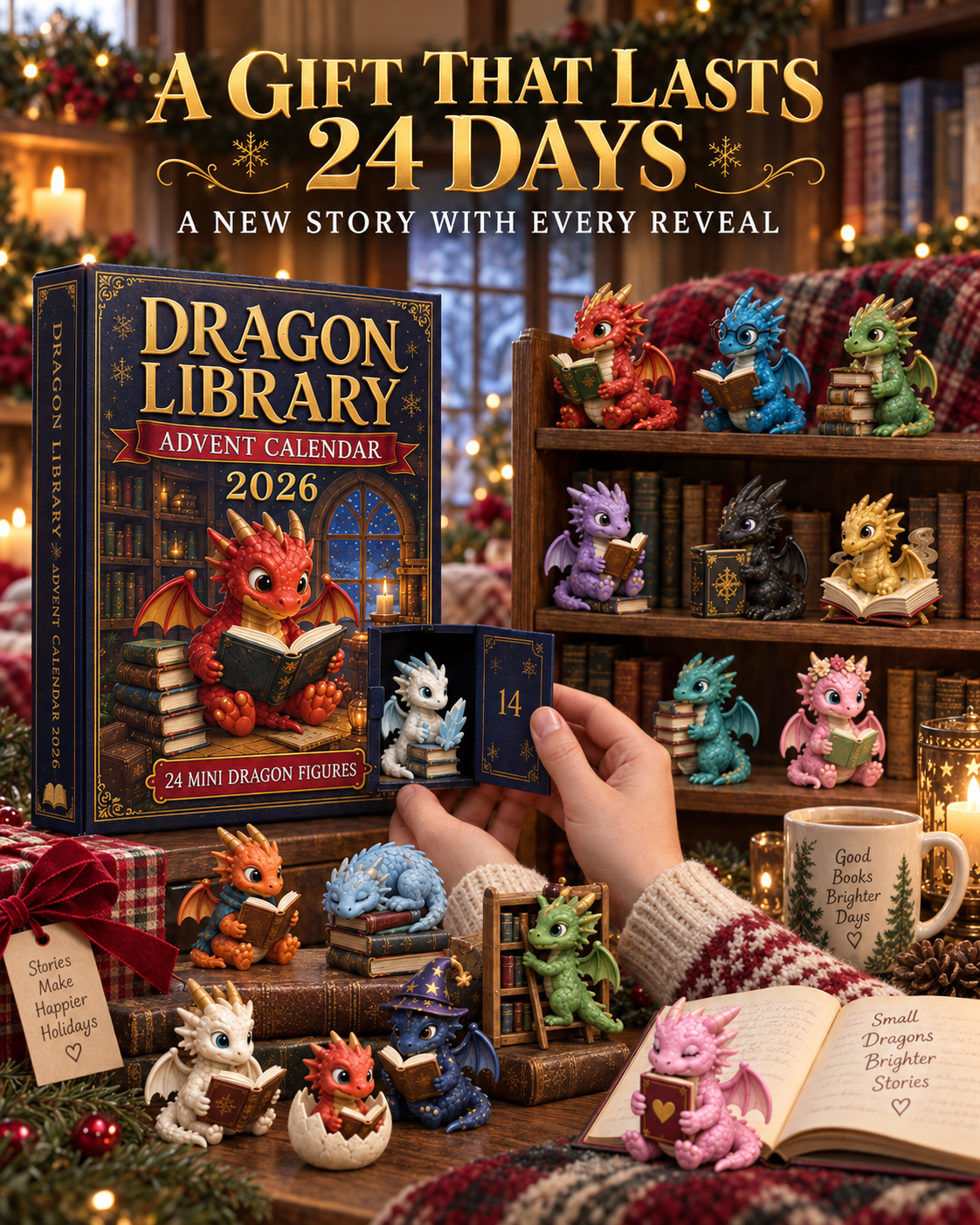 CHRISTMAS KICKOFF 40% OFF - Dragon Library Advent Calendar 2026 - 24-Day Festive Countdown, Acrylic Charms Blind Box - Gift For Dragon Lovers