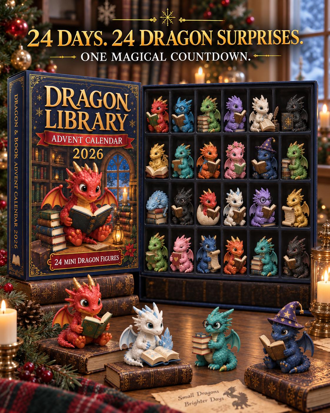 CHRISTMAS KICKOFF 40% OFF - Dragon Library Advent Calendar 2026 - 24-Day Festive Countdown, Acrylic Charms Blind Box - Gift For Dragon Lovers