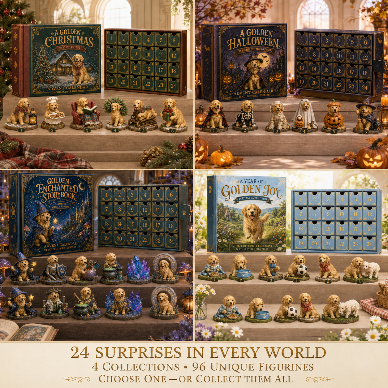 ⏰Limited Stock 49% OFF🔥🎄 2026 Premium Golden Retriever Advent Calendar – 24-Day Surprise Collectible Set, 4 Themes (Country/Enchanted/Christmas/Halloween), 96 Total Designs, Perfect Gift for Golden Retriever Lovers 🐾✨