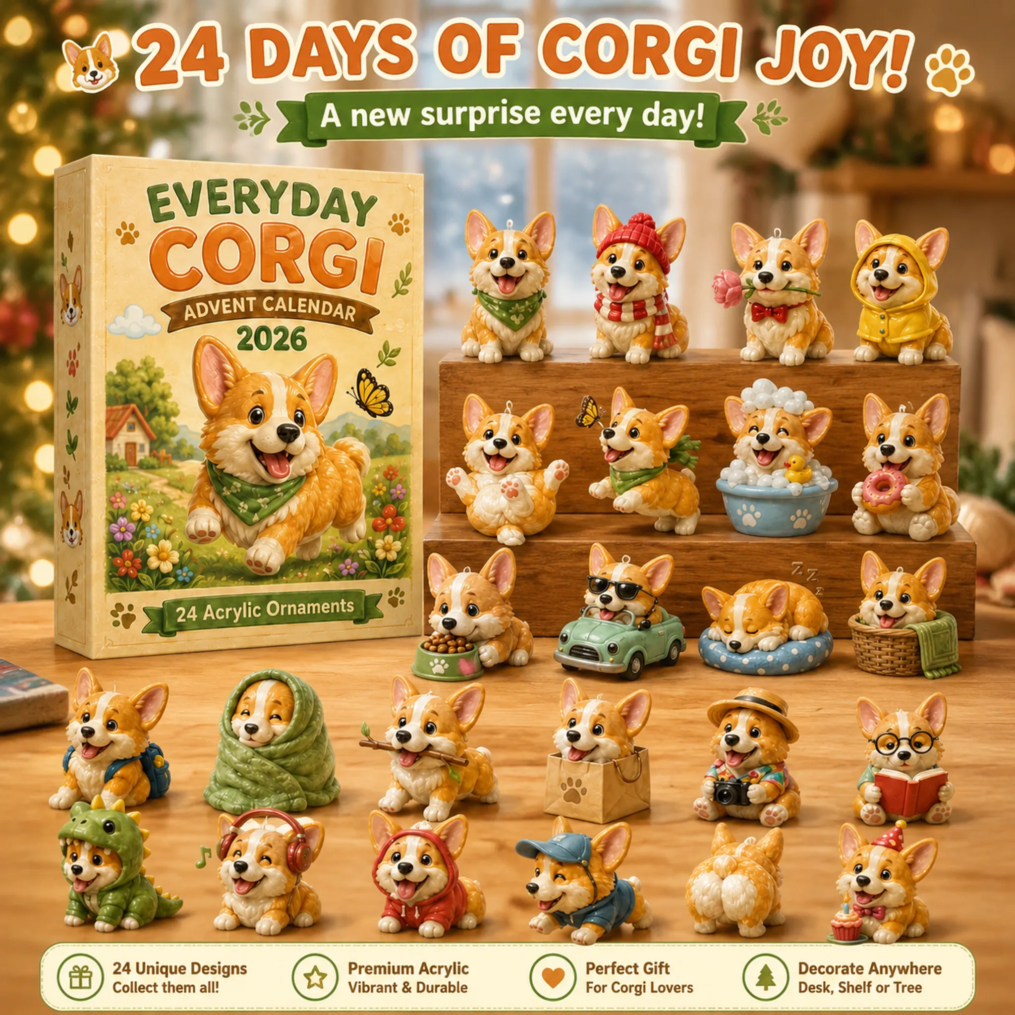 🐶🦴Everyday Corgi Advent Calendar 2026 - 24-Day Festive Countdown, Acrylic Charms Blind Box - Gift For Corgi Lovers