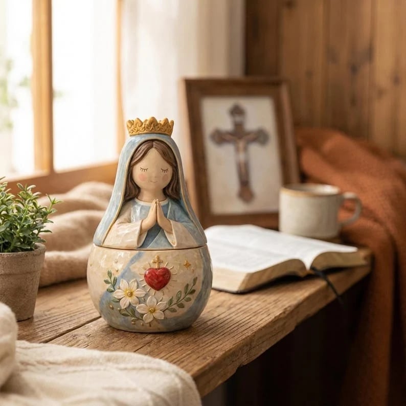 ✨ Divine Grace Keepsake Box –  Handcrafted Sacred Heart Jesus & Blessed Mary Faith Gift