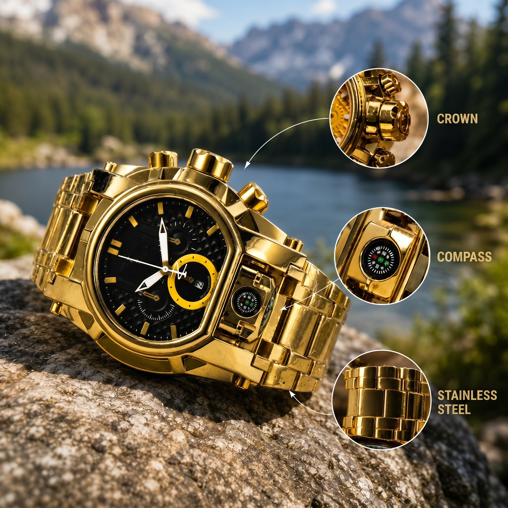 Men's Heavy-Duty Oversized Dial Gold Tactical ⚓ Adventure Watch - Built-in 🧭 Navigation Compass