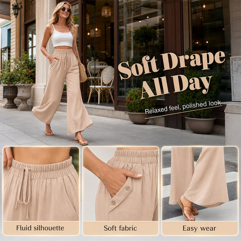 ✨🛍️ Nieuwe collectie – Casual broek met wijde pijpen, functionele zakken & sneldrogende stof – Makkelijk te combineren, van koffie tot resortwandeling 🌬️