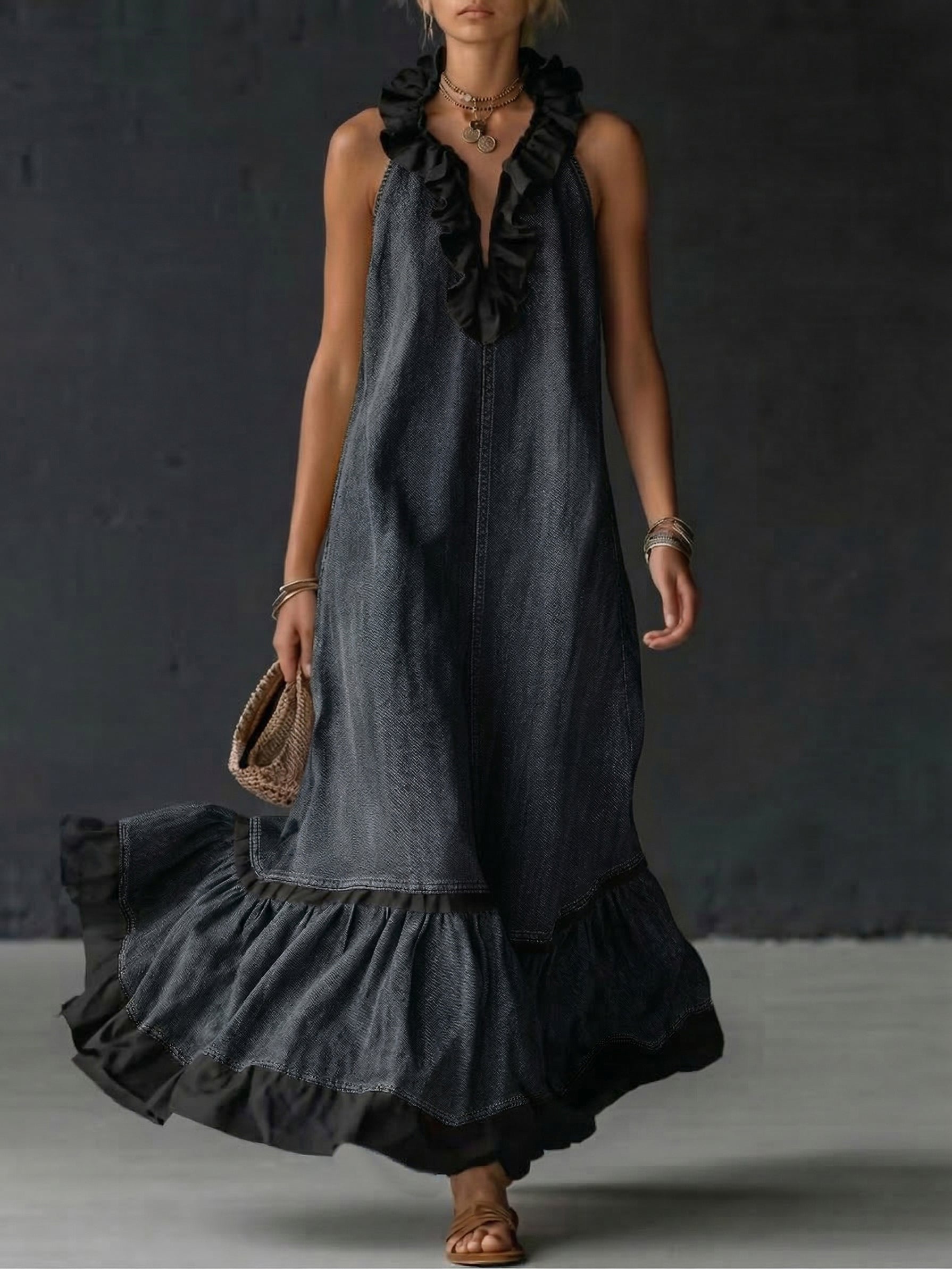 Elegant Color-block Ruffle Casual Dress