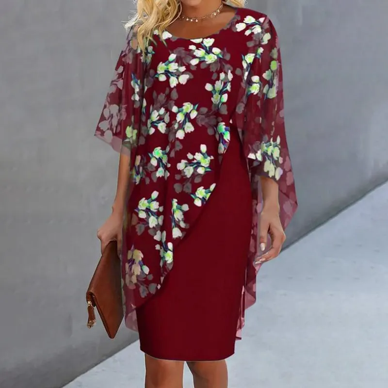 Women's Elegant Floral Print Overlay & Dress Set