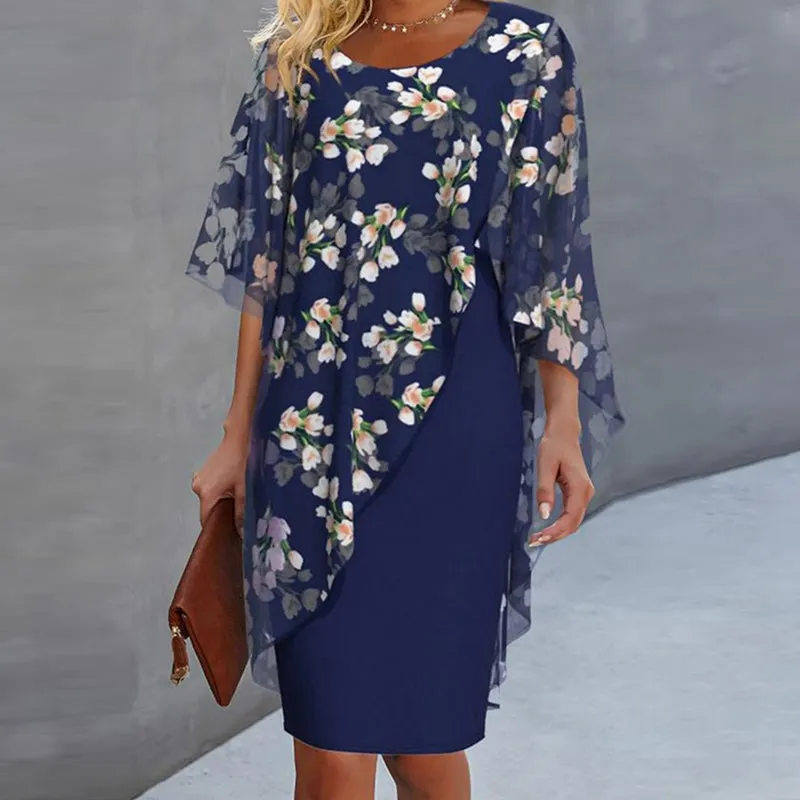 Women's Elegant Floral Print Overlay & Dress Set