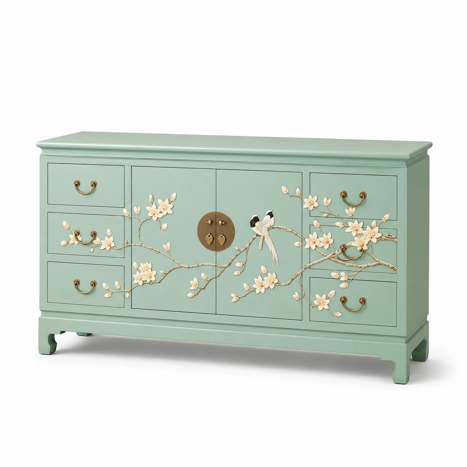 Aparador de Madera de Pino Verde con Grabados Florales-Clairvelour