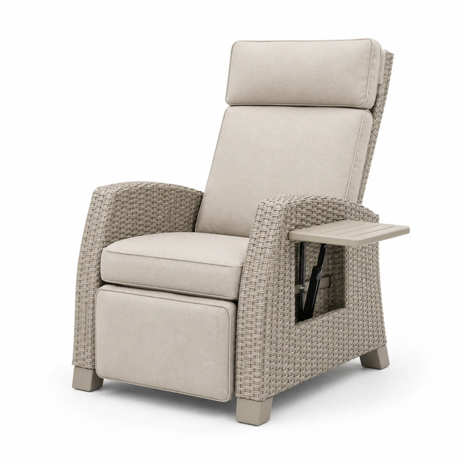 Sillón reclinable de ratán sintético con cojines de tela beige-Clairvelour