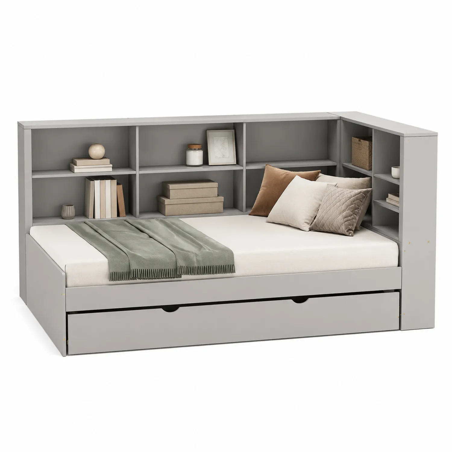Cama de día de MDF gris con estanterías y cajón-Clairvelour