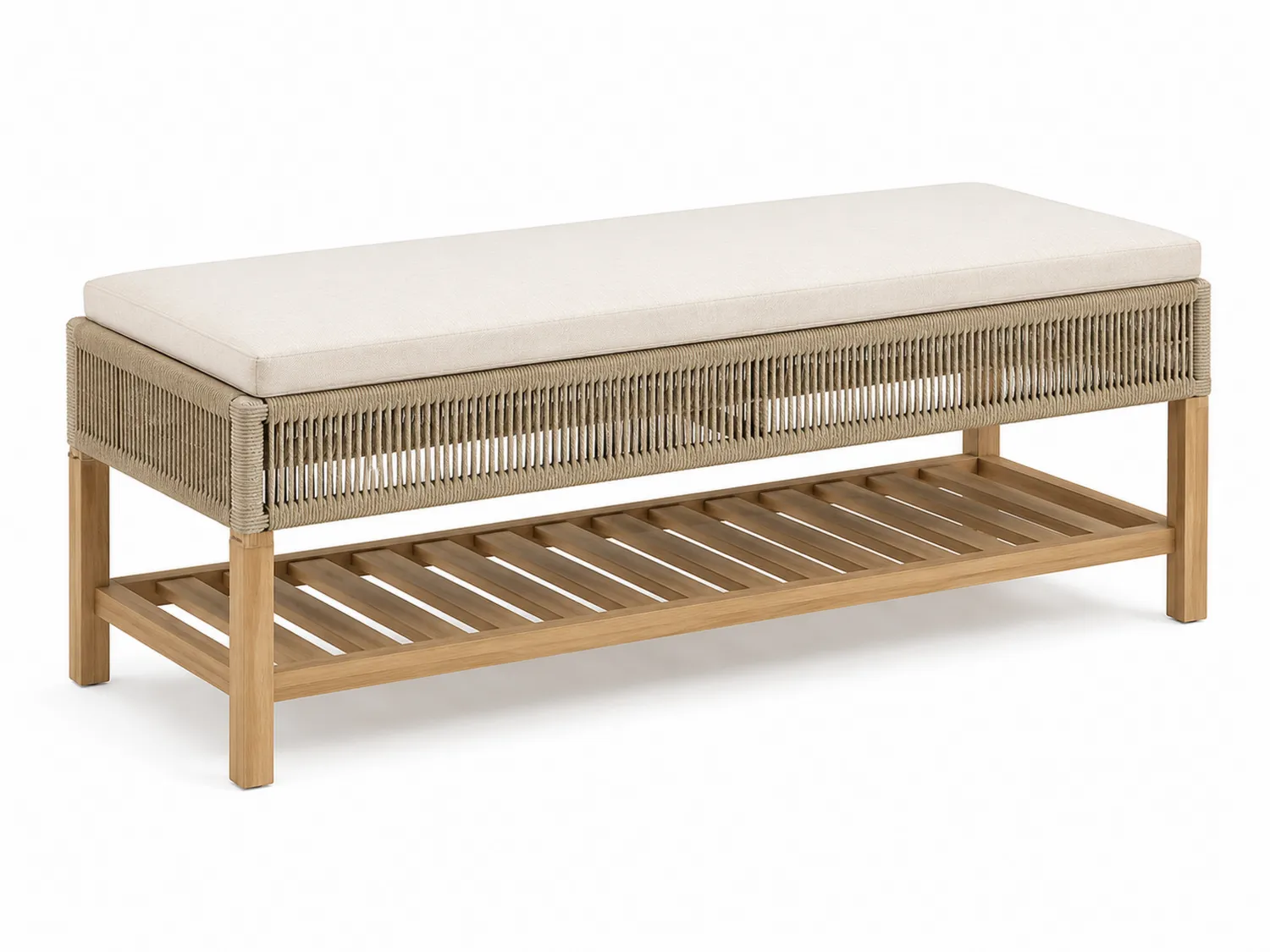 Banco de madera de teca y cuerda con cojín de poliéster 120x40x45 cm-Clairvelour